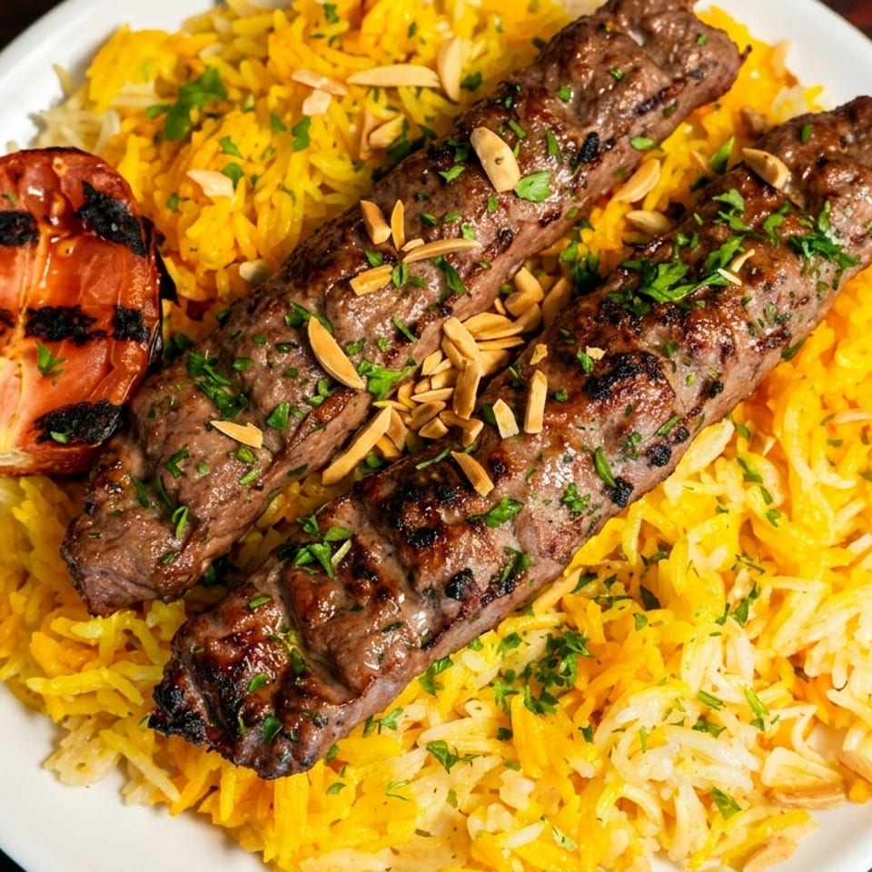 Two grilled meat skewers with herbs and almonds, served on yellow rice with a grilled tomato.