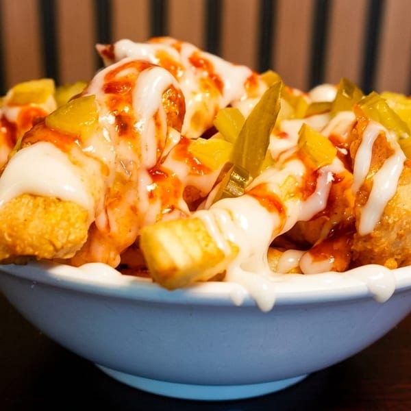 A white bowl filled with crispy fries, chicken, white sauce, red sauce, and pickles.